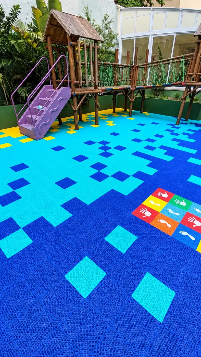 Playground de madeira sobre piso azul e Tiffany com desenho pixelado